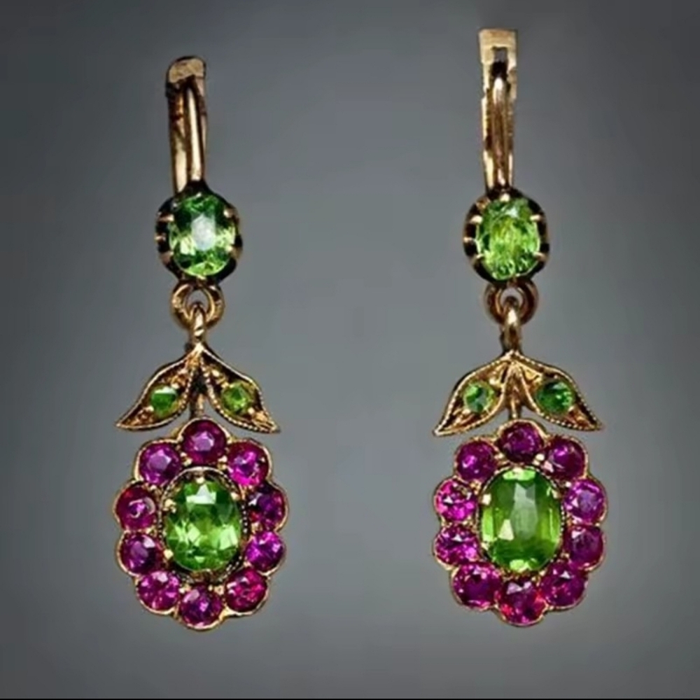 Vintage 925 Silver Needle Inlaid Green Stone Flower Rose Red Leaf Dangle Earring